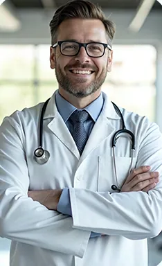 Médico sorrindo de braços cruzados